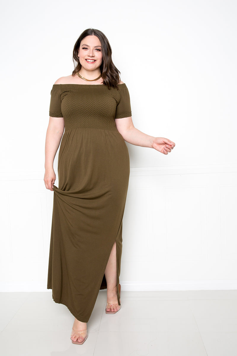 buxom couture curvy women plus size seamless off shoulder maxi dress olive green