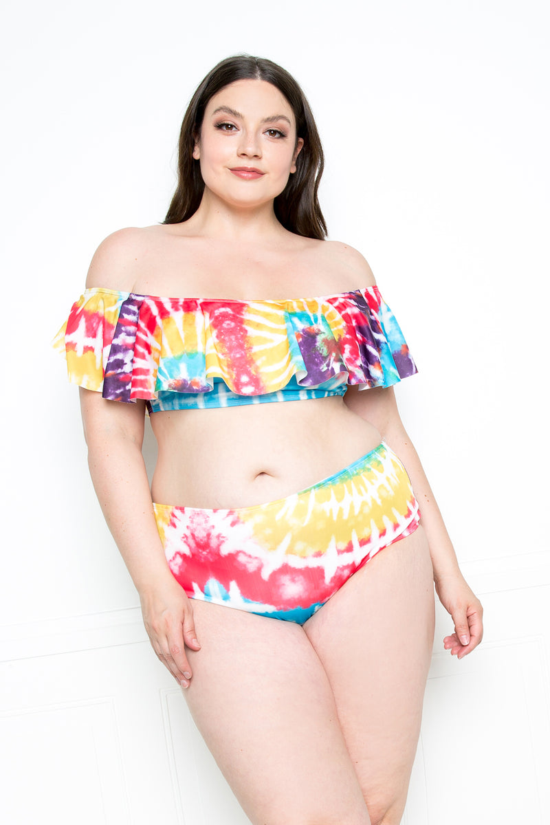 buxom couture curvy women plus size tie dye ruffle bikini set pink