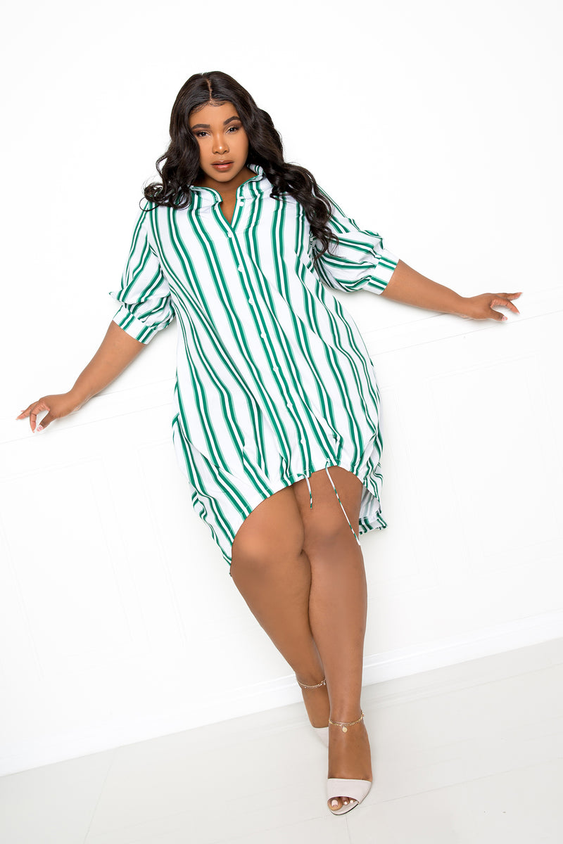 buxom couture curvy women plus size stripeed bubbl hem shirt dress green stripe