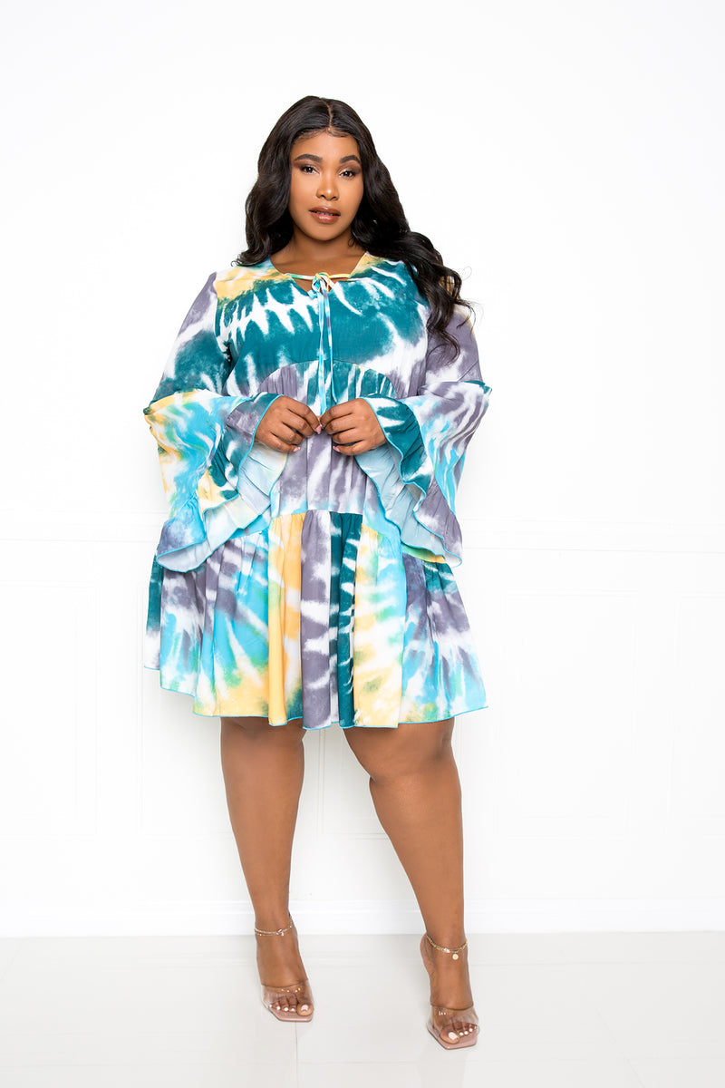 buxom couture curvy women plus size tie dye tiered tunic dress blue green