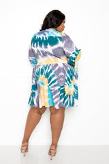 buxom couture curvy women plus size tie dye tiered tunic dress blue green