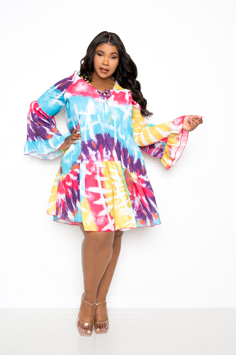 buxom couture curvy women plus size tie dye tiered tunic dress pink blue