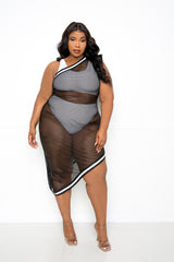 buxom couture curvy women plus size one shoulder netted cover up black white sexy