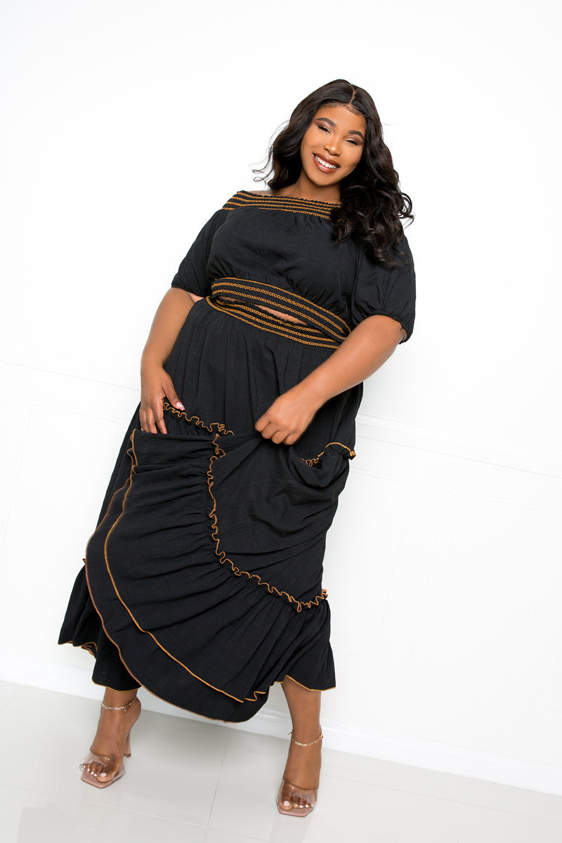 buxom couture curvy women plus size smocking top and skirt set black