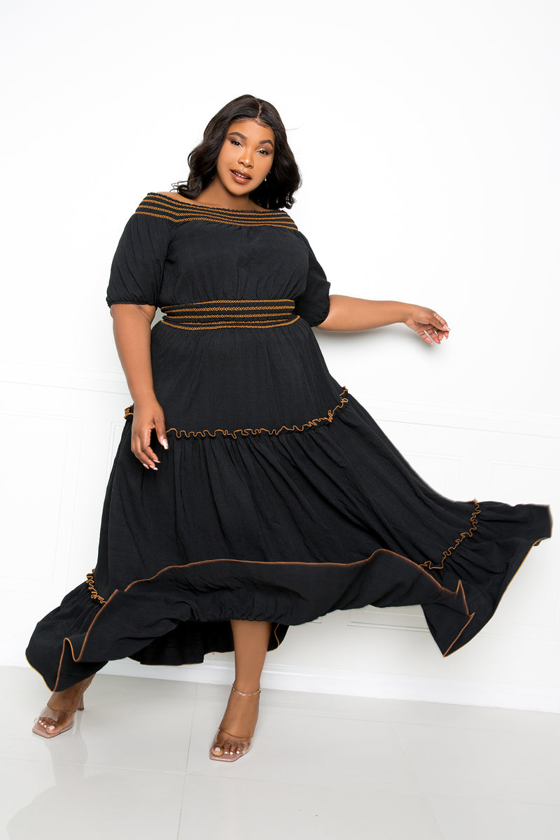 buxom couture curvy women plus size smocking top and skirt set black