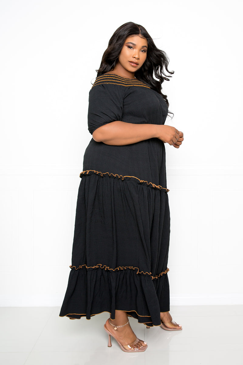 buxom couture curvy women plus size smocking top and skirt set black