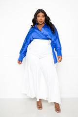 buxom couture curvy women plus size wrapped blouse with palazzo pants set blue white