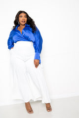 buxom couture curvy women plus size wrapped blouse with palazzo pants set blue white