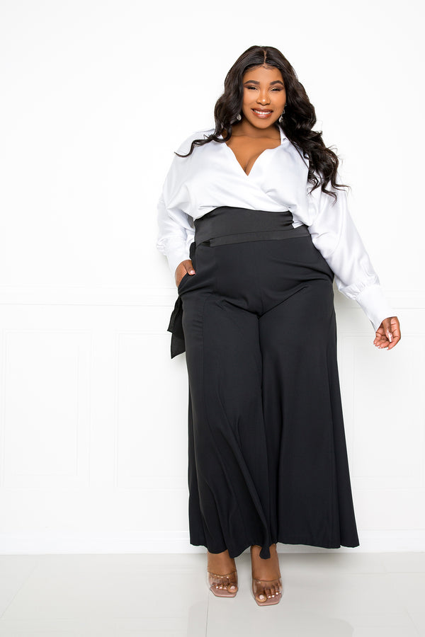 buxom couture curvy women plus size satin effect wrapped blouse and palazzo pants black and white