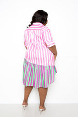 buxom couture curvy women plus size patchwork stripe shirt dress pink purple green multi