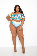 buxom couture curvy women plus size tie dye blue swimsuit ruffle off shoulder