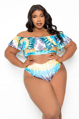 buxom couture curvy women plus size tie dye blue swimsuit ruffle off shoulder