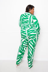 buxom couture curvy women plus size animal print drawstring jumpsuit green zebra