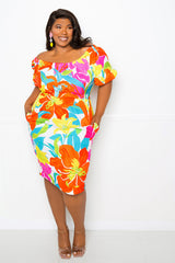 buxom couture curvy women plus size floral off shoulder dress with back bows