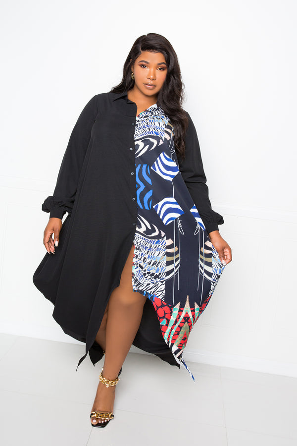 buxom couture curvy women plus size animal print drapy shirt maxi dress black