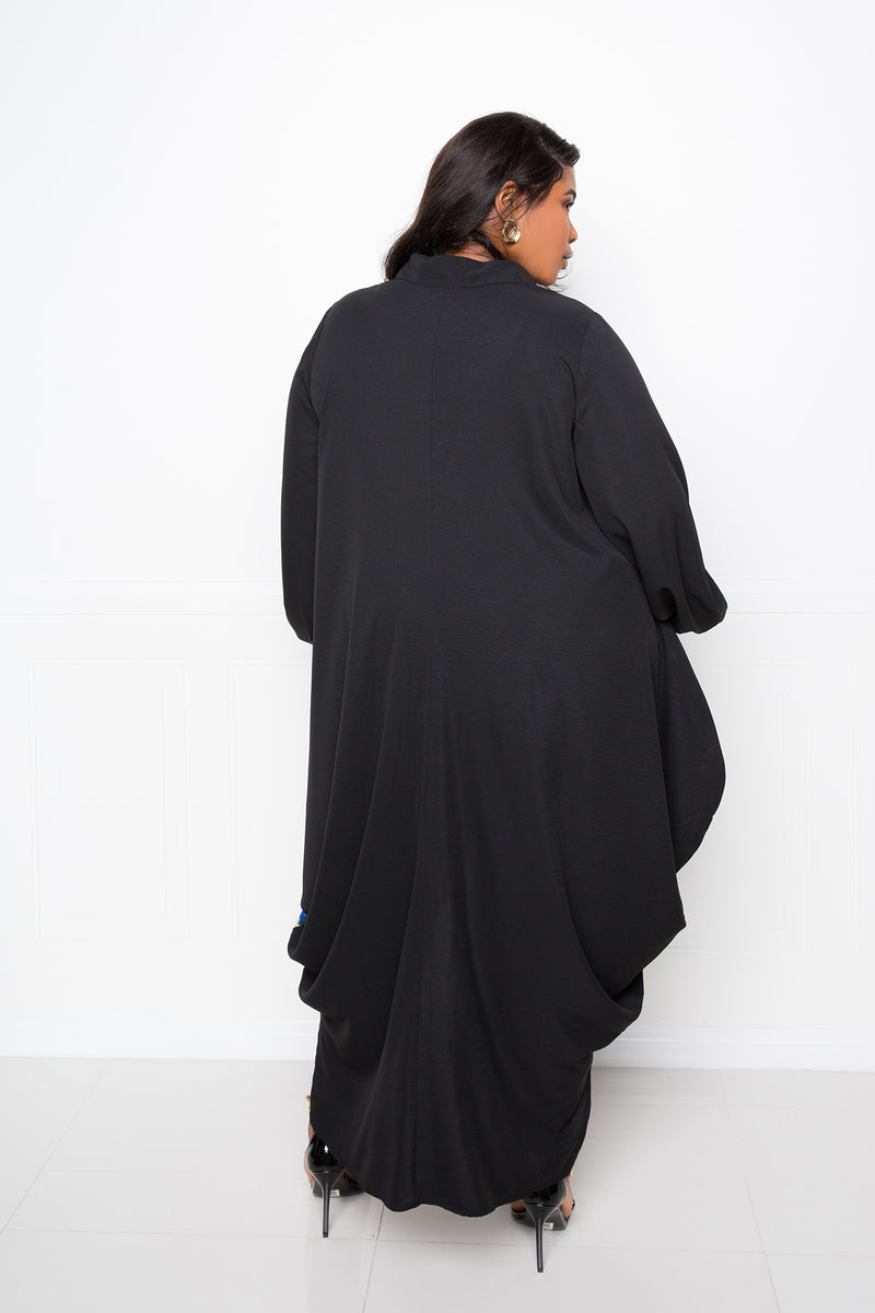 buxom couture curvy women plus size animal print drapy shirt maxi dress black