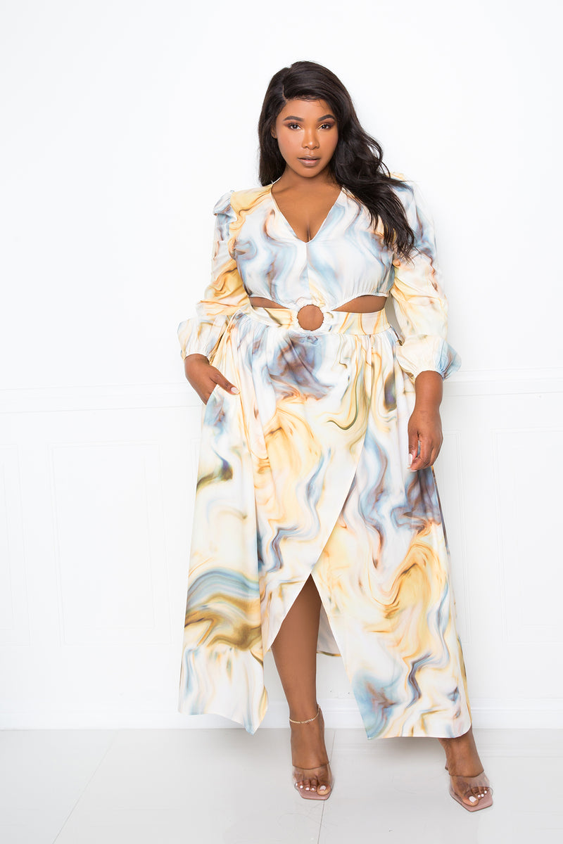 buxom couture curvy women plus size yellow marble print cut out waist maxi dress summer