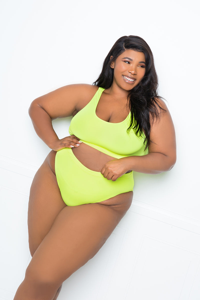 buxom couture curvy women plus size everyday basic bikini set neon green yellow lime