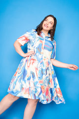 buxom couture curvy women plus size printed tiered shirt mini dress marble blue pink
