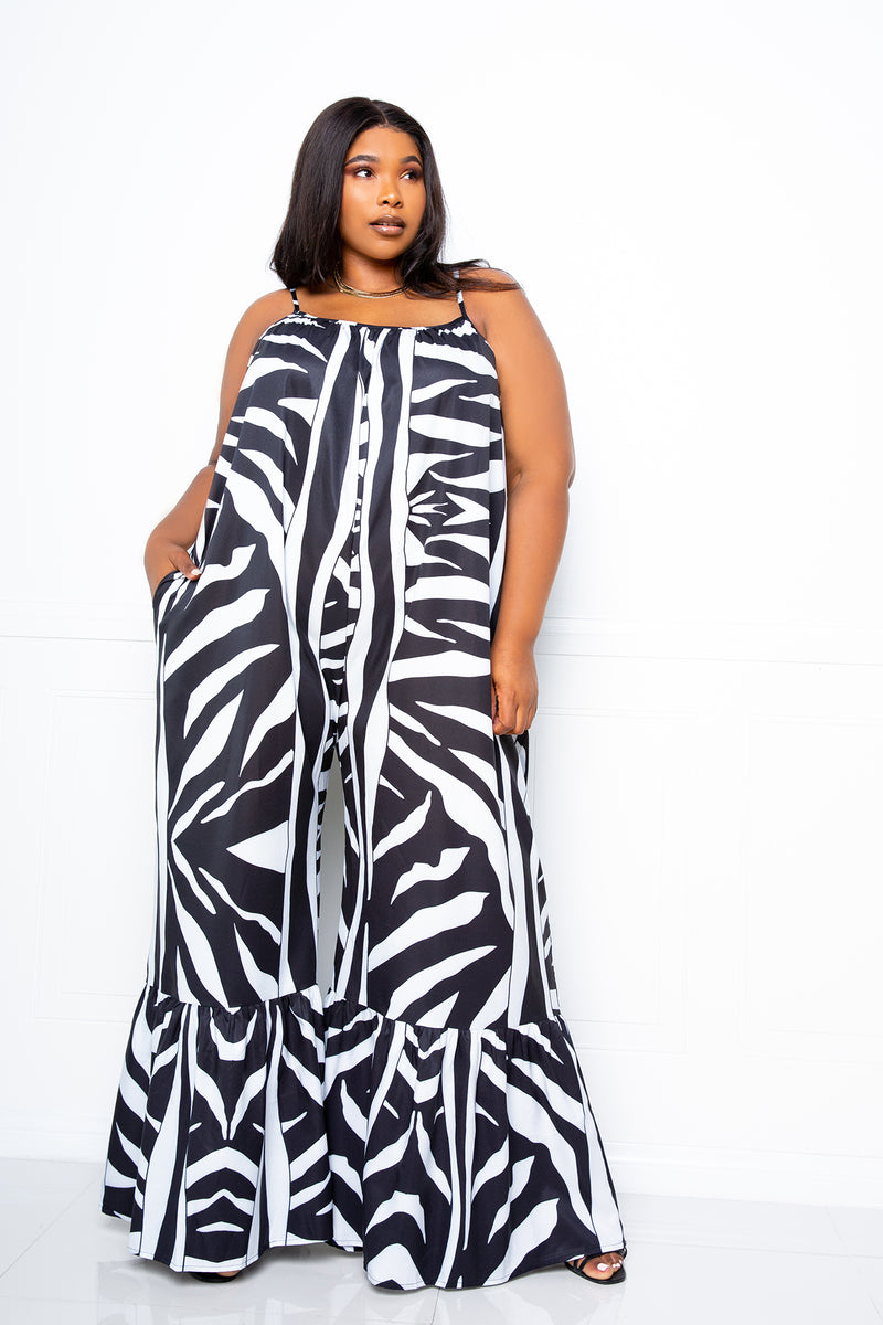 buxom couture curvy women plus size animal print flutter hum jumpsuit zebra black and white summer