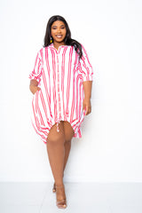 buxom couture curvy women plus size bubble hem stripe shirt dress hot pink