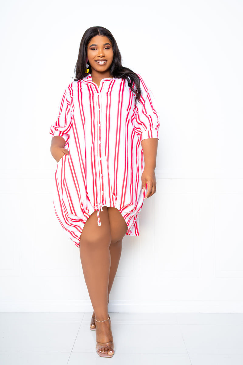 buxom couture curvy women plus size bubble hem stripe shirt dress hot pink