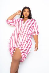 buxom couture curvy women plus size bubble hem stripe shirt dress hot pink