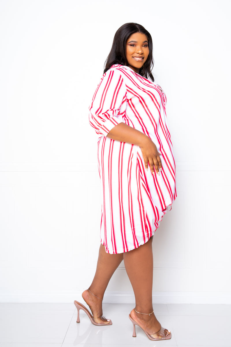 buxom couture curvy women plus size bubble hem stripe shirt dress hot pink
