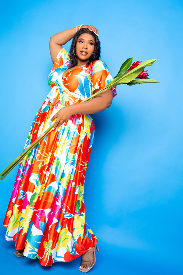 buxom couture curvy women plus size tropical floral cropped top and maxi skirt set