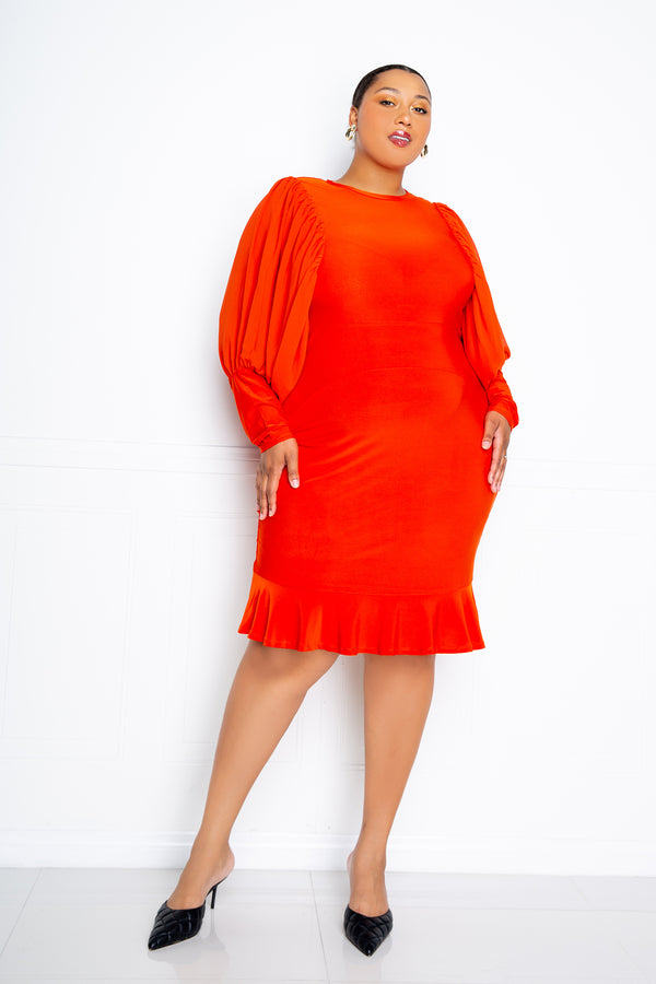 buxom couture curvy women plus size sheer bubbled sleeve dress rust orange