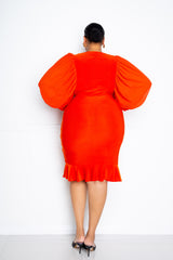 buxom couture curvy women plus size sheer bubbled sleeve dress rust orange
