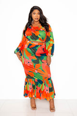 buxom couture curvy women plus size floral off shoulder top and skirt set green orange