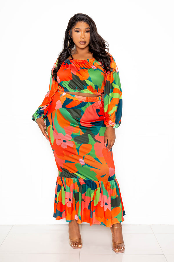 buxom couture curvy women plus size floral off shoulder top and skirt set green orange