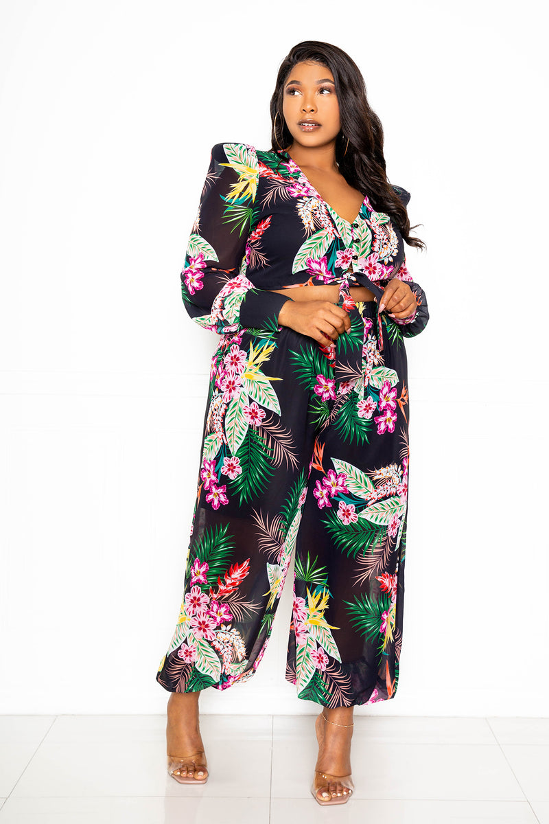 buxom couture curvy women plus size floral cropped blouse and pants set