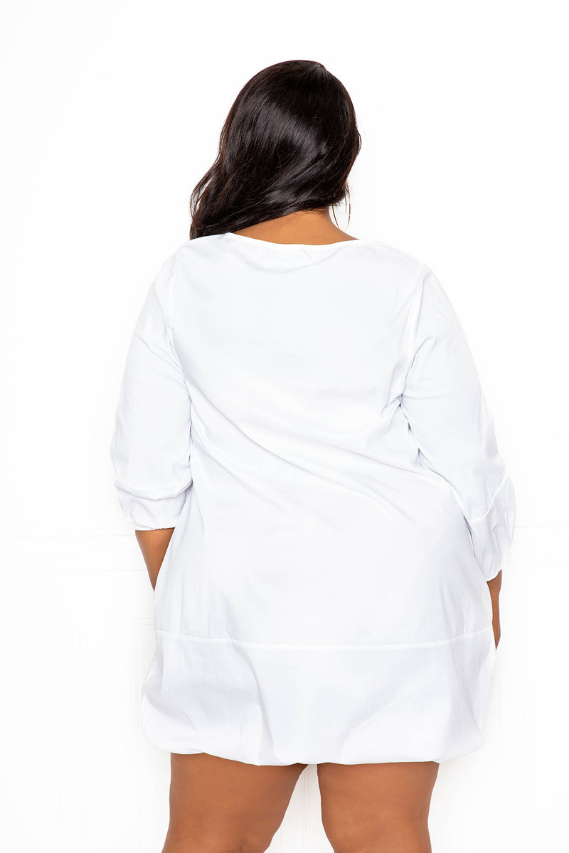 buxom couture curvy women plus size bubbled poplin mini dress white