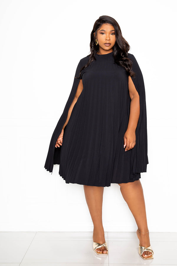 buxom couture curvy women plus size pleated cape dress black lbd holiday