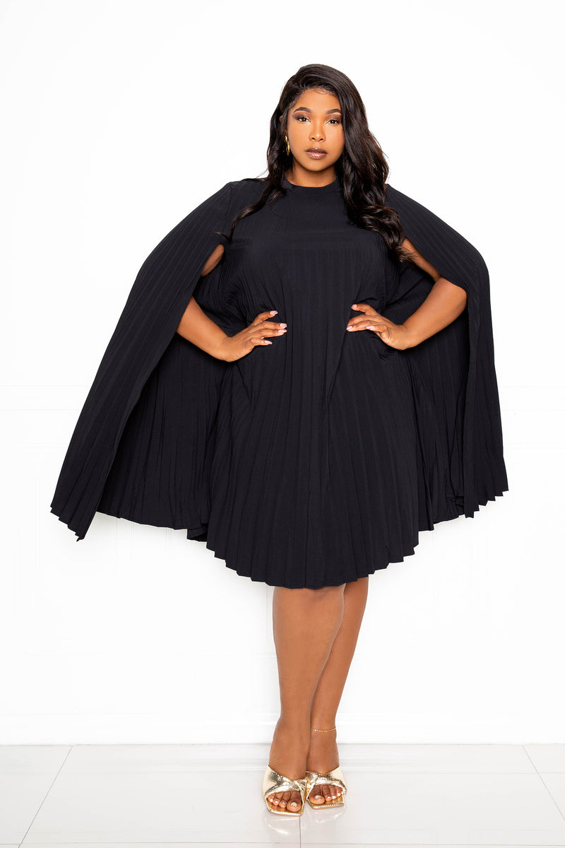 buxom couture curvy women plus size pleated cape dress black lbd holiday