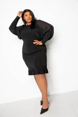 buxom couture curvy women plus size sheer bubbled sleeve dress black