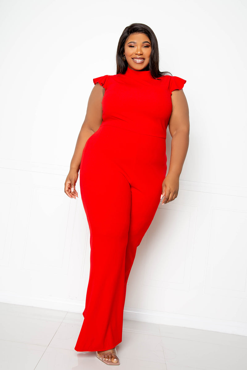 buxom couture curvy women plus size ruffle mock neck wide leg jumpsuit red