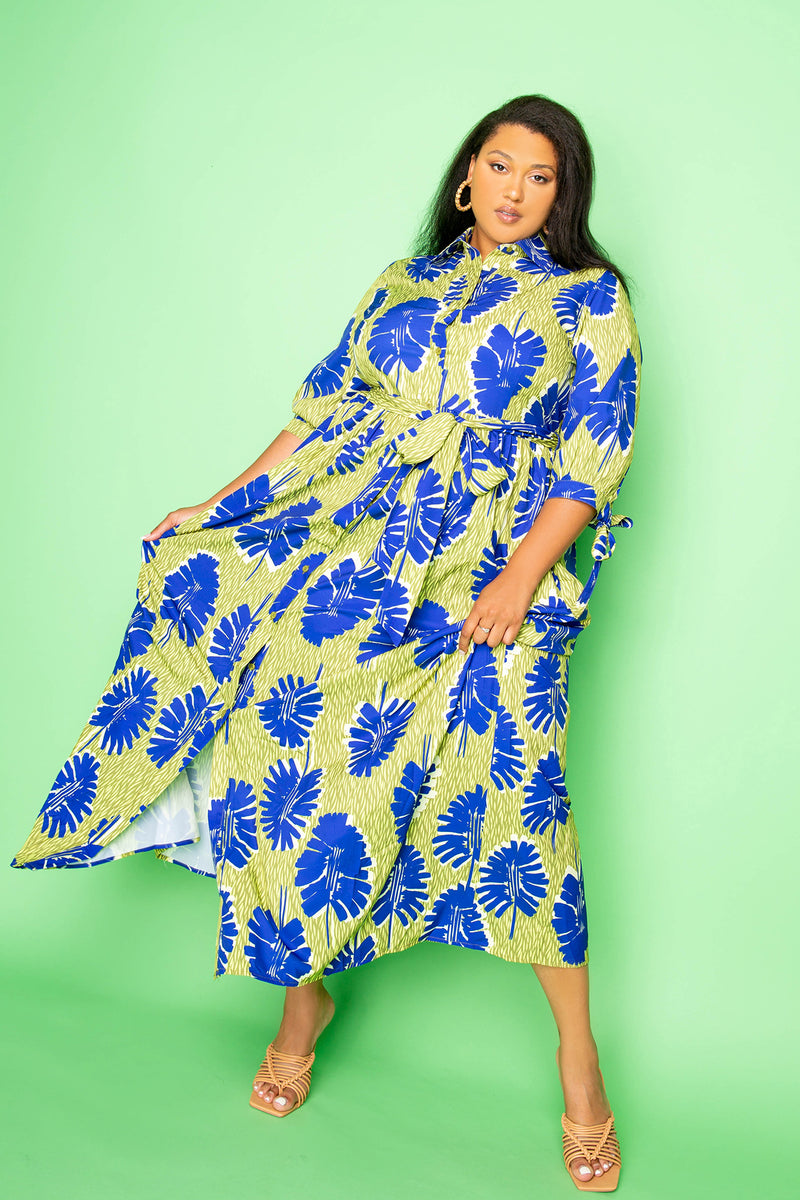 buxom couture curvy women plus size printed shirt maxi dress yellow navy ethnic leaves