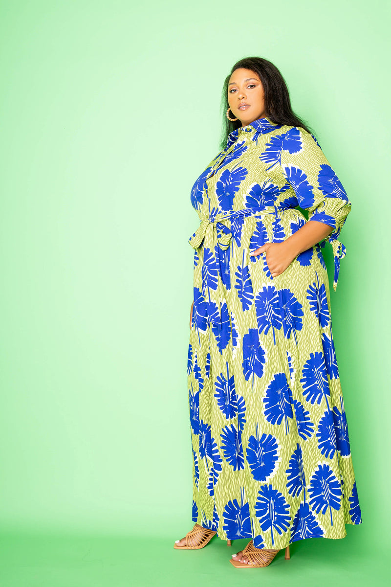buxom couture curvy women plus size printed shirt maxi dress yellow navy ethnic leaves