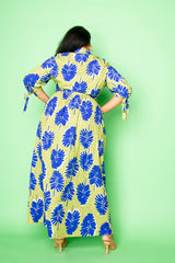 buxom couture curvy women plus size printed shirt maxi dress yellow navy ethnic leaves