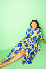 buxom couture curvy women plus size printed shirt maxi dress yellow navy ethnic leaves