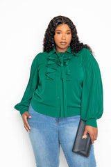 buxom couture curvy women plus size tie neck pleated sleeve blouse green