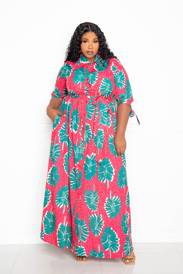 buxom couture curvy women plus size printed shirt maxi dress tropical leaves pink green