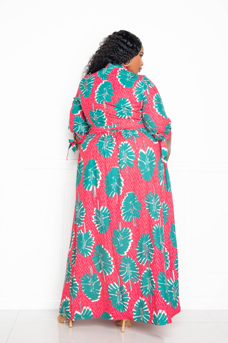 buxom couture curvy women plus size printed shirt maxi dress tropical leaves pink green