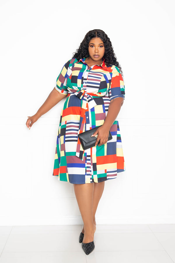 buxom couture curvy women plus size plaid shirt dress with waist tie multi