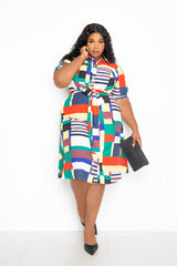 buxom couture curvy women plus size plaid shirt dress with waist tie multi