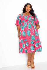 buxom couture curvy women plus size printed smocked puff sleeve dress pink green