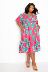 buxom couture curvy women plus size printed smocked puff sleeve dress pink green